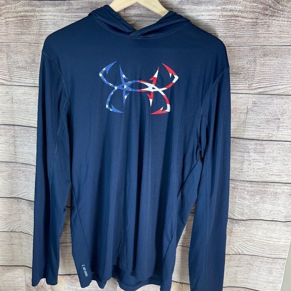 UnderArmour Navy Logo‎ Long Sleeve Hoodie Shirt Sz M